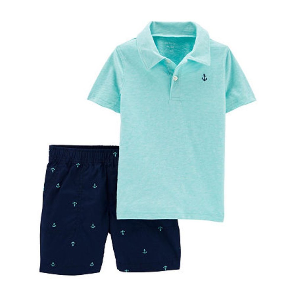Carter's Size 2-Piece Jersey Polo and Short Set in Mint Blue w/ Anchors - Picture 1 of 5